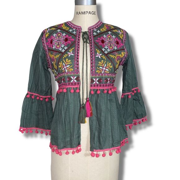 Zara Womens Size Medium Embroidered Kimono Cape Cardigan Green Pink Tie Neck NWT - Picture 1 of 10